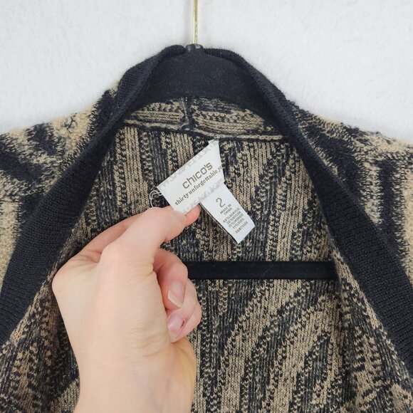Chicos Sweater Womens 2 Tan Black 12 Zebra Print Mohair Wool Blend Long Cardigan - Picture 9 of 11